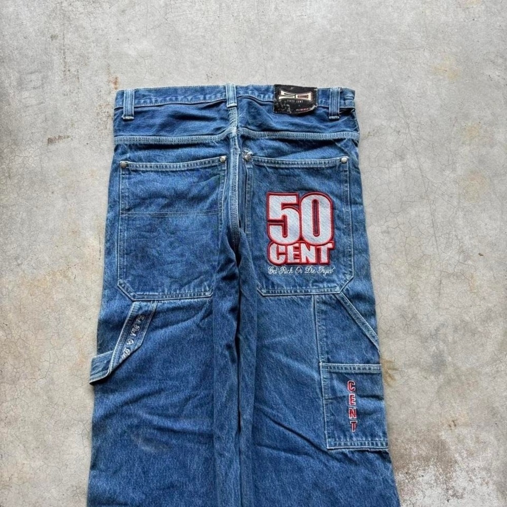 Baggy 50 Cent Wide Leg Jnco Styl Embroidered Denim Y2k Vintage Jeans 32x31
